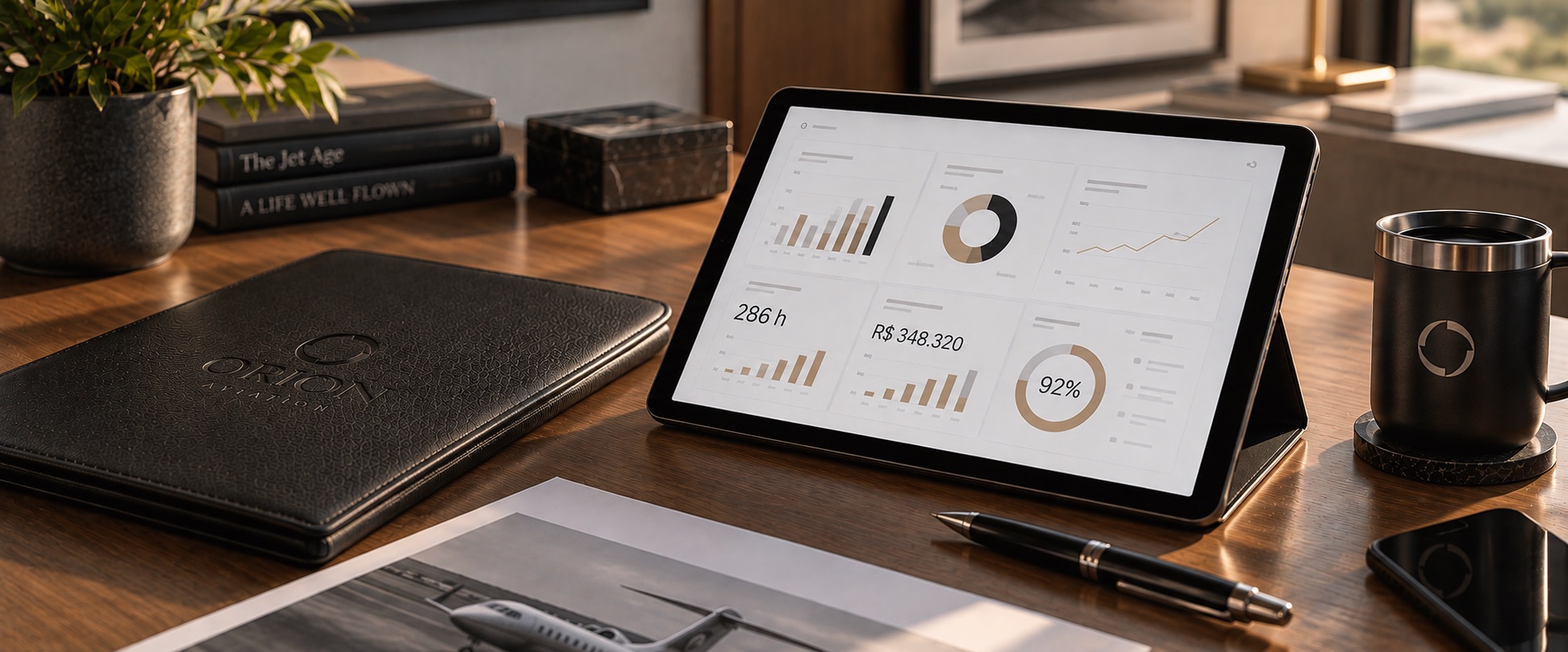 Tablet com indicadores de gestão ao lado de pasta Orion e caneca